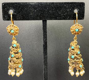 Vintage Mid Century 14k Gold Dangle Earrings - Seed Pearls & Turquoise!