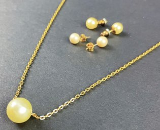 Gold-toned Faux Pearl Necklace And Stud Earrings