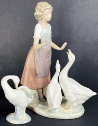 Lladro Porcelain Nao Teaching The Geese & Preening Goose