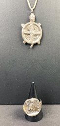Vintage Sterling Silver Owl Ring & Turtle Pendant Necklace