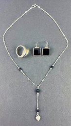 Black & Sterling Silver Necklace, Earrings And Ring, 20g
