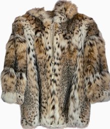 Vintage Brown & White Fur Jacket W/ Hood