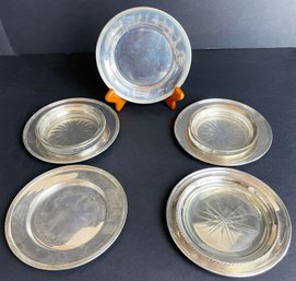 5 Vintage Sterling Dessert Plates & 3 Sterling Rimmed Glass Lemon Plates