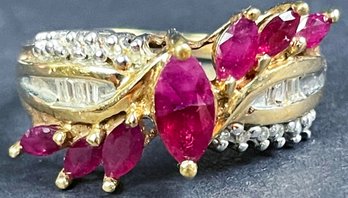 Stunning 10k Gold Ring With Red (ruby?) And Clear (Diamond?) Stones