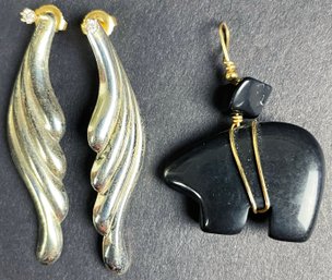 Small Black Stone Bear Fetish With Sterling Earrings And 14k Gold Backs