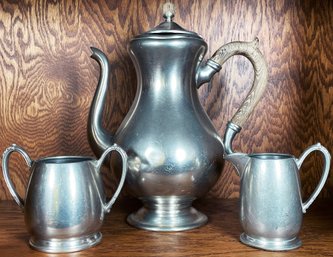 Vintage New Amsterdam Silver Co Pewter Coffee Pot, Creamer, And Sugar