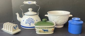 Assorted Kitchen Ceramics Including Great Teapot With Birds In Tree