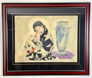 Framed Watercolor, 'Water Fall Vase', By Muramasa Kudo (Japan B. 1948)