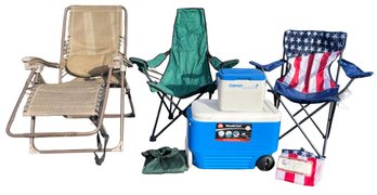 3 Lawn Chairs & 2 Coolers
