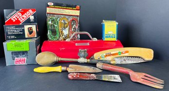 Assorted Tool Lot Including Circulon Tool Box, Nails, Bungee Cords, Stud Sensor & Pruning Saw