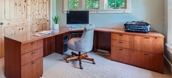 Large Modular Corner Desk With Drawers And Keyboard Tray In Cherry Finish By National Office Furniture