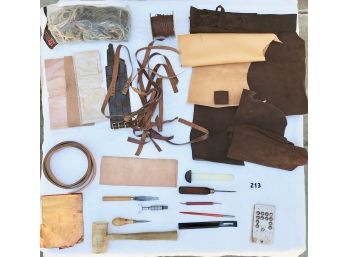 Assortment Of Leather, Suede, Leatherworking Tools, & More