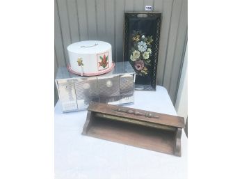 Vintage Tole Tray, Cake Tin, Wall Paper Roll Holder, & Dry Goods Tin