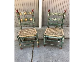 Pair Of Painted Mexican Cane Seated Chairs