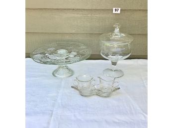 Glass Cake Stand, Lidded Bowl, And Sugar/Creamer Set
