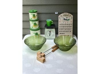 Vintage Kitchinalia: Frog Kitchen Tins, Country Calendar, Hanson Scale, Two Green Bowls And Mug, Salt And Pepper Shakers With Roosters.