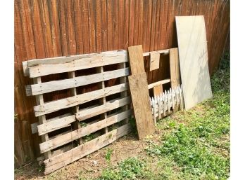 Lot Of Pallets, Cement Backer, Garden Fencing, And Wood Boards