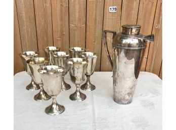 Vintage Cocktail Shaker & 8 Silver Finished Goblets