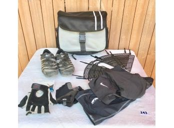 Bike Pannier, Tube, Gloves, Shoes (sz 41), 2 Pairs Bike Shorts (W. Size Medium)