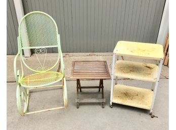 Lot Of Metal Rocking Chair, Folding Side Table And Cart