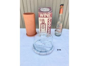 Terracotta Wine Cooler, Vintage Wine Bottle, & Marble Covered Cheese Plate
