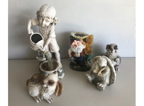 Assorted Garden Statues, 3 Of Which Are Solar Lights