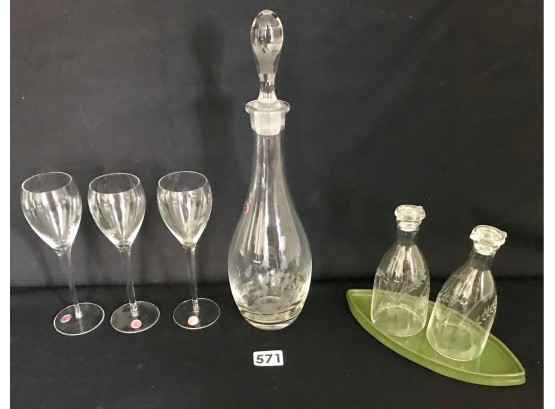 Romanian Etched Glass/Crystal Wine Decanter, Glasses,  & Etched Glass Cruet Set