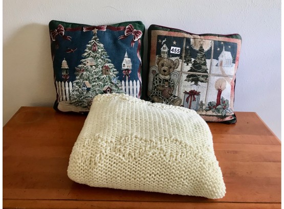 2 Christmas Themed Throw Pillows & Handknit Throw