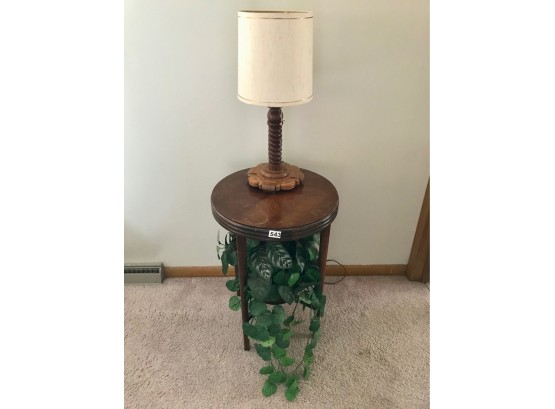 Vintage Side Table, Lamp, & Faux Plant
