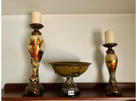 Two Tall Candleholders W/Coordinating Footed Bowl