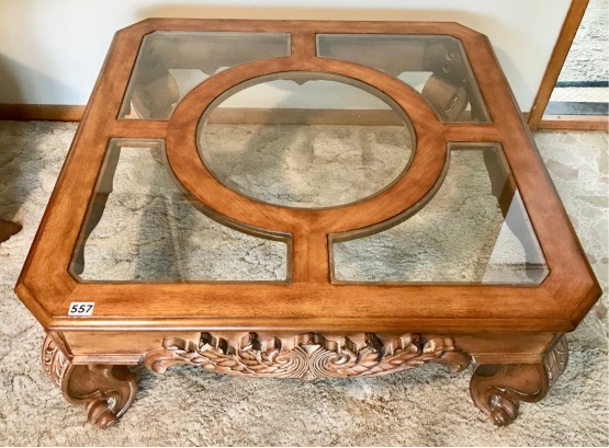 Glass & Wood Carved Coffee Table