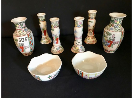 Vintage Asian Painted Candlesticks, Vases, & Bowls