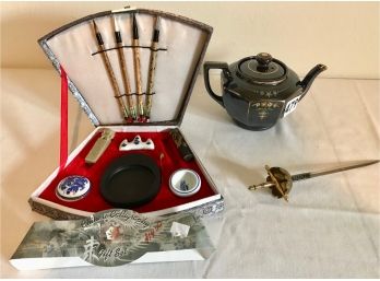 Asian Teapot, Letter Opener, And Calligraphy Set