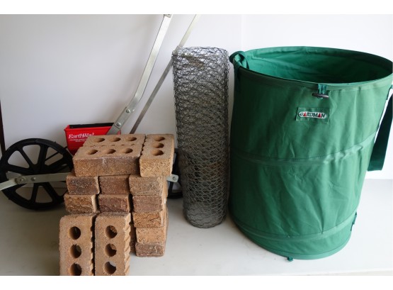Pavers, Chicken Wire, Seed Spreader, & Collapsible Waste Basket
