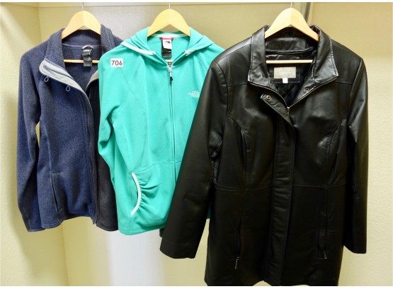2 NorthFace Fleece & 1 Leather Jacket, Women's Sz Large