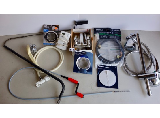 Plumbing Supplies Including Shower Heads, Augers, Faucet, Sink Strainers & Washing Machine Fill Hose