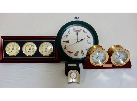 Dansk Silver Plate Clock, 2 Weather Clocks, & Bird Clock