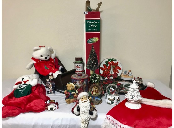 Christmas Décor Including Snow Globes, Tins, Figurines, & Lighted Tree, & Bin