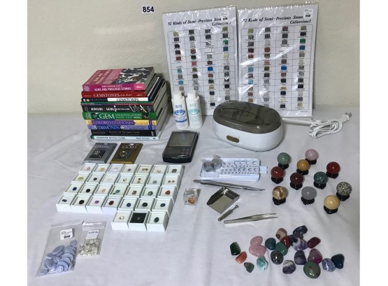 Large Gemology Assortment Including Semiprecious Gems & Stones, Tools, & Books