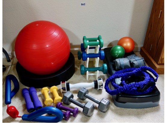 Workout Items Including Weights, Step, Ball, & More