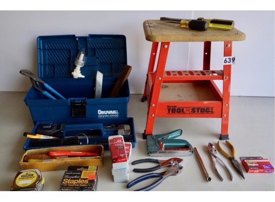Tool Box, Stool, & Assorted Tools Including Staple Gun