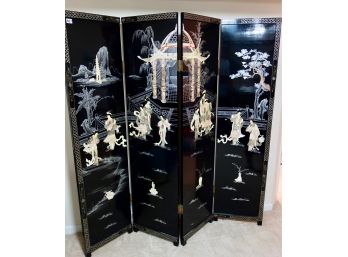 Gorgeous Mid Century Lacquered  Asian Room Divider W/Mother Of Pearl Details