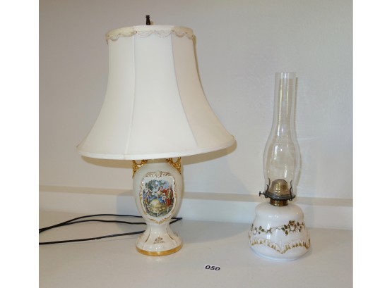 2 Vintage Glass Lamps, 1 Electric, 1 Oil