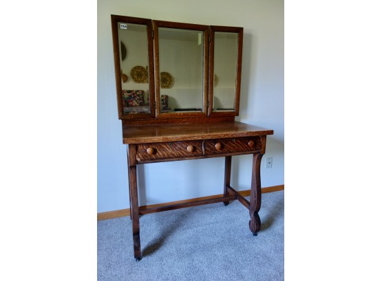 Antique Oak Veneer Vanity W/Drawers & Mirror