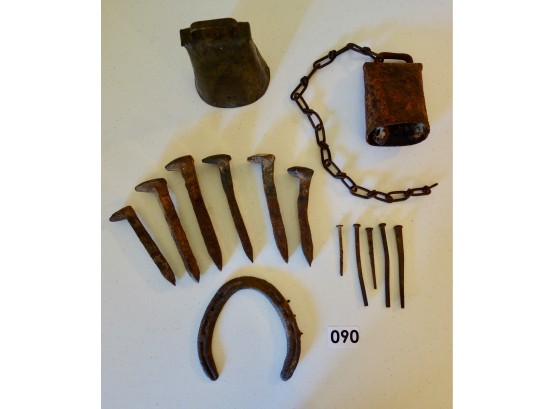 Antique Cowbells, Railroad Spikes, Horseshoe, & Nails
