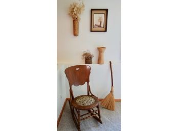 Sweet Antique Rocking Chair W/Handmade Baskets & Print