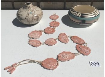 Signed Navajo & Horsehair Pottery W/Southwestern Wall Hanging