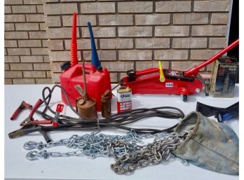 Two 2 Ton Hydraulic Jacks, Chains, & Other Automotive