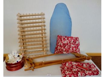 Spool Holder, Lap Quilting Frame, Buttons, Ironing Board, & Material