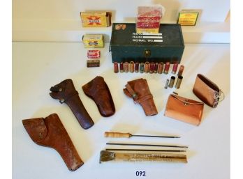 Military Box, Vintage Shells, Shotgun Rod, & Holsters